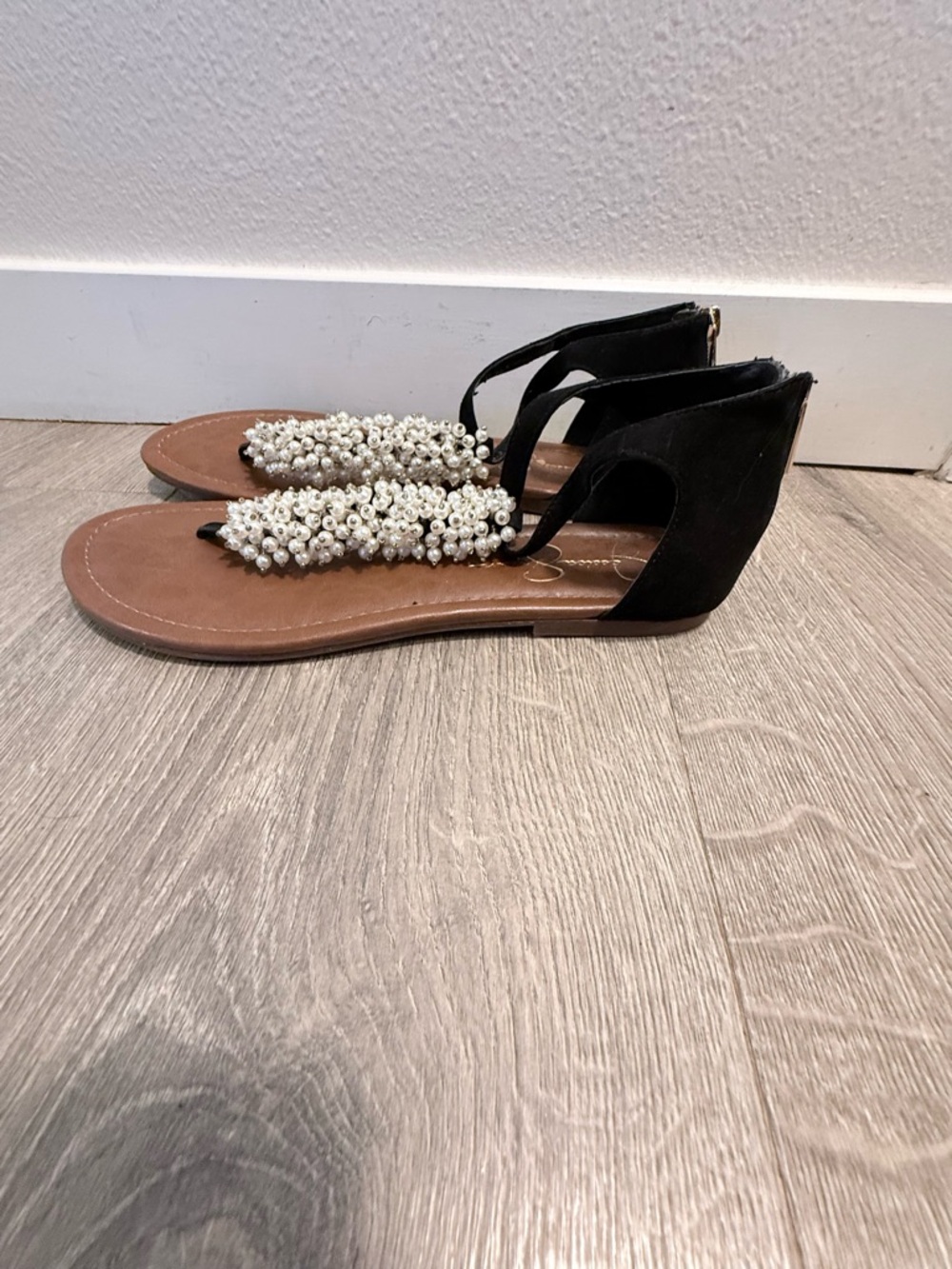 Jessica Simpson Black T-Strap Sandals with Pearl Embellishment